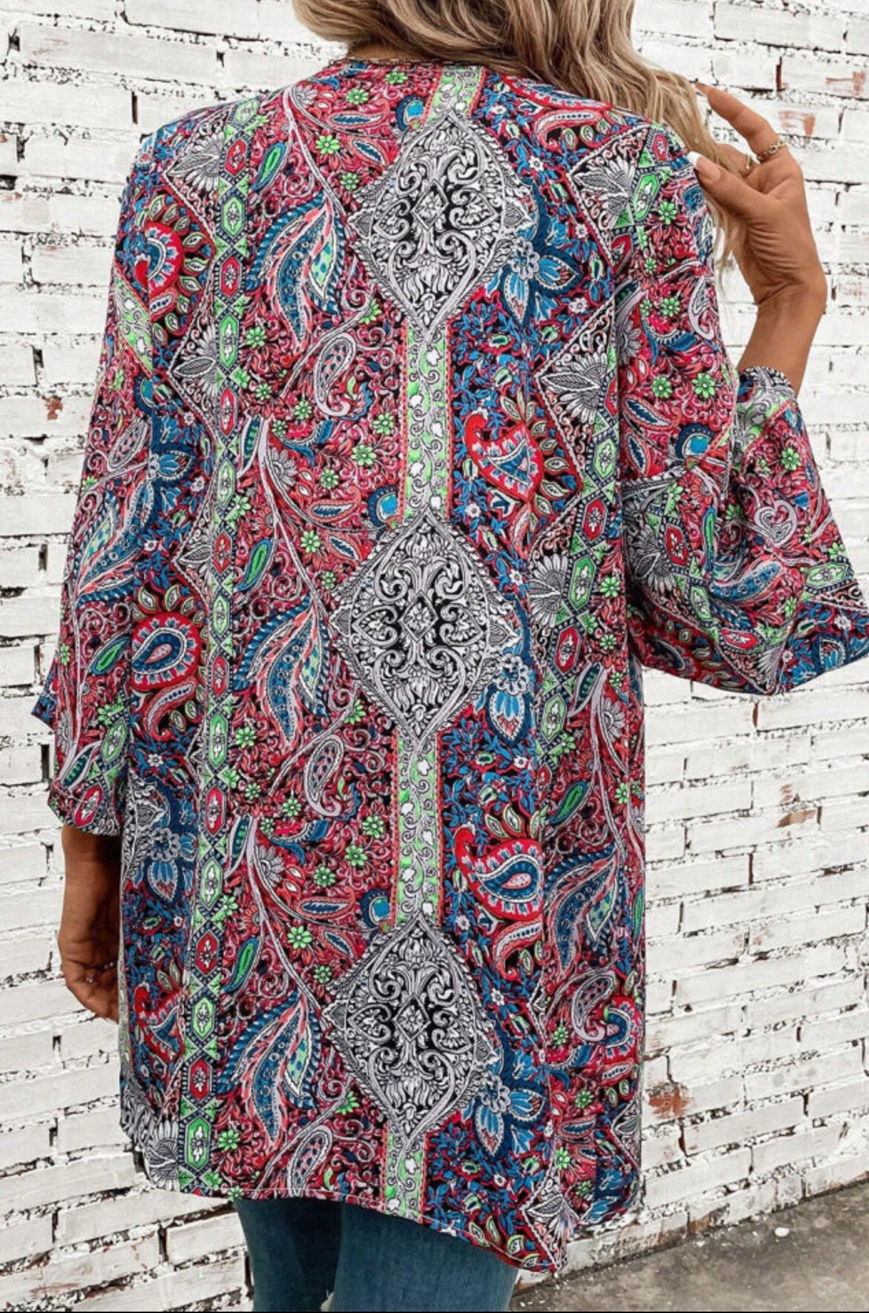 Red Paisley Open Front Kimono/ one size