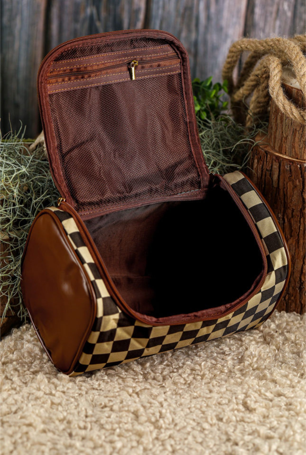 Brown Checkered Make Up Travel Case