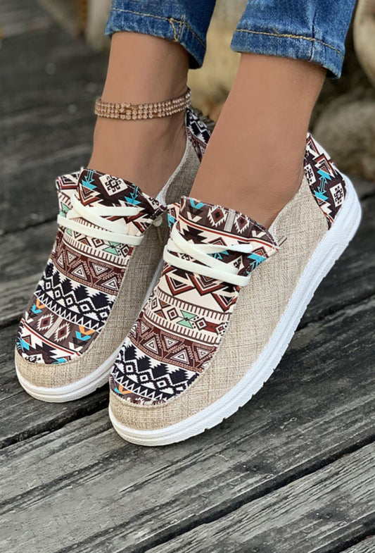 Tan Aztec Print Casual Flat Shoes