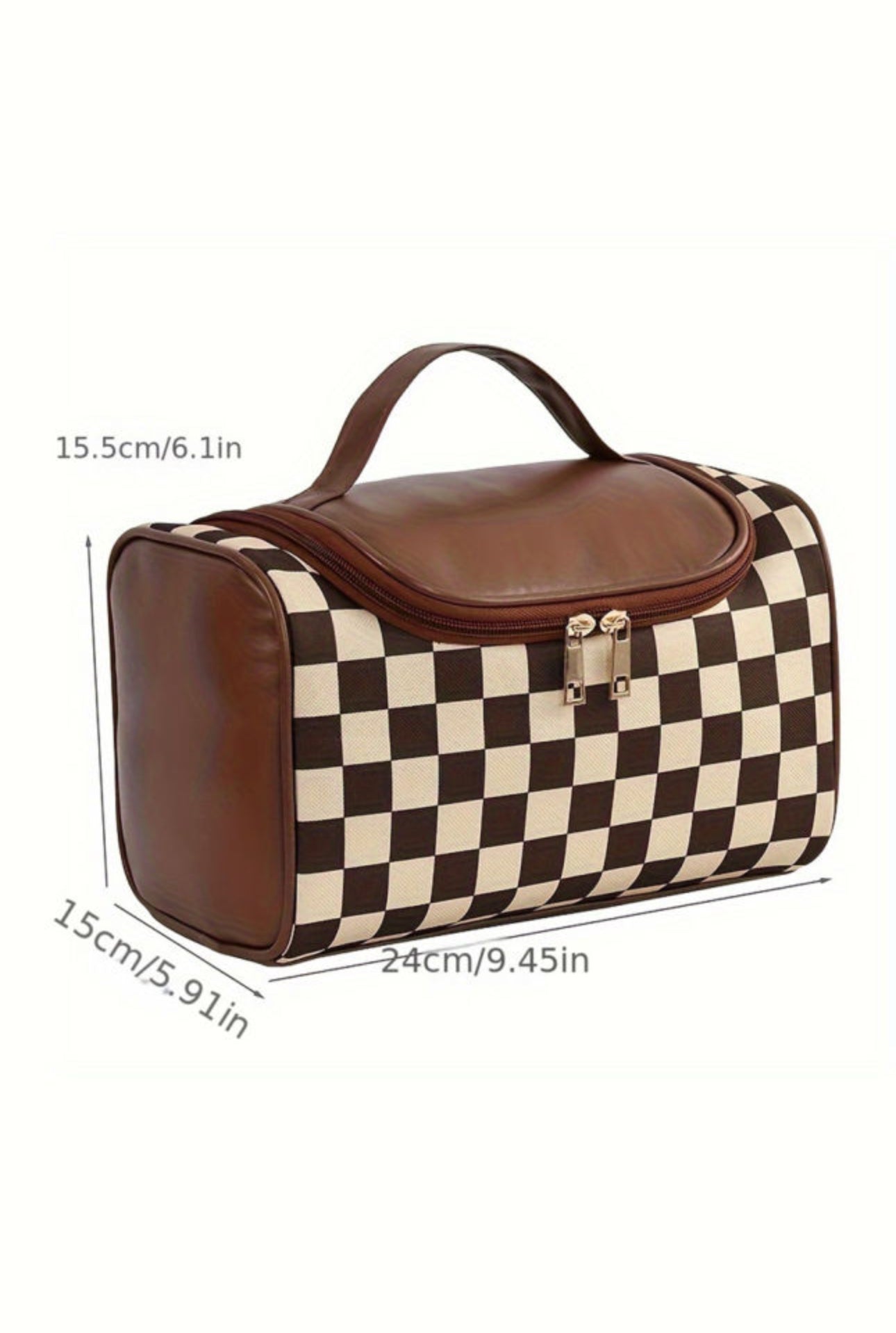 Brown Checkered Make Up Travel Case