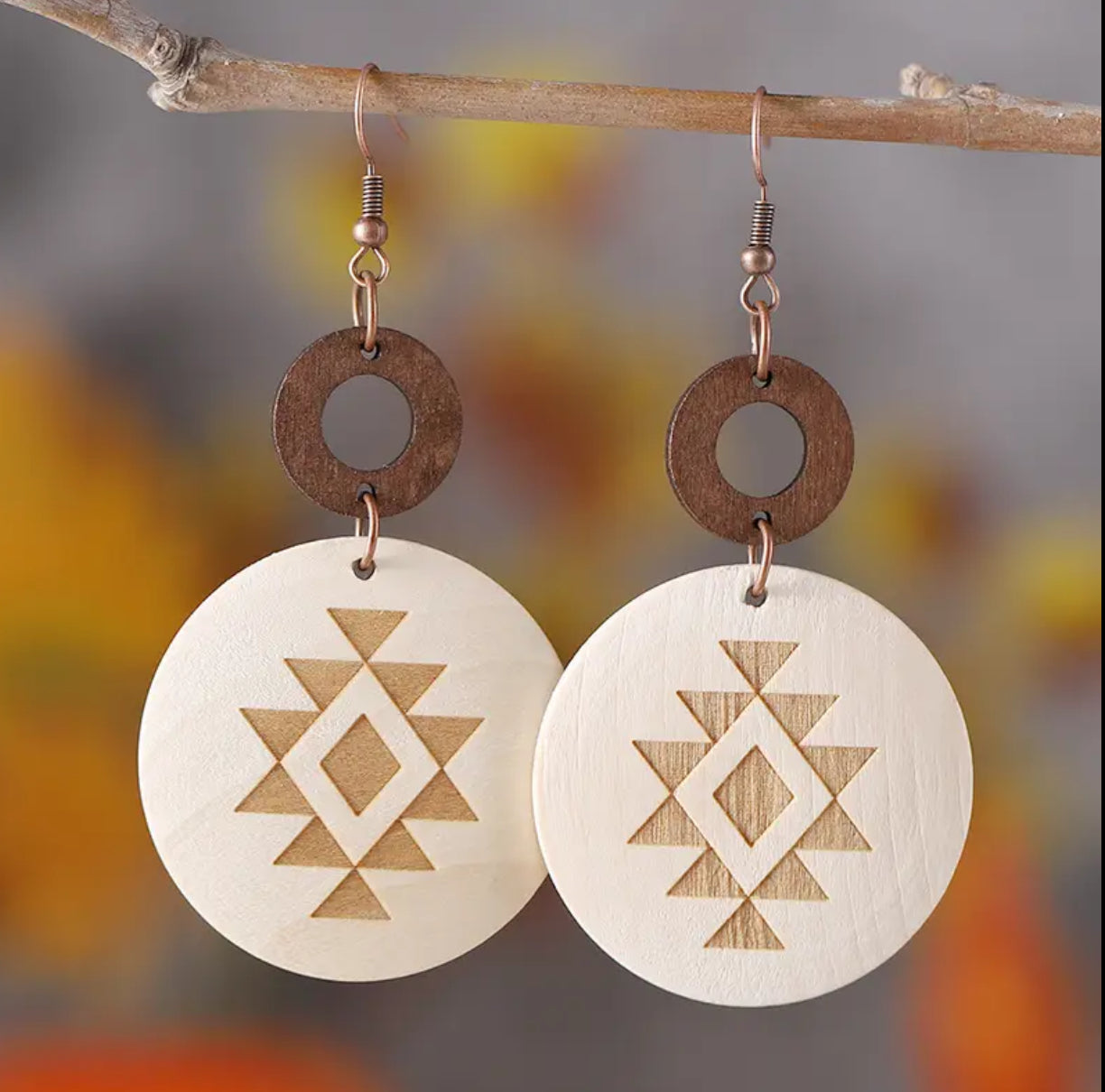 Lightweight Wooden Aztec Print Pendant Earrings