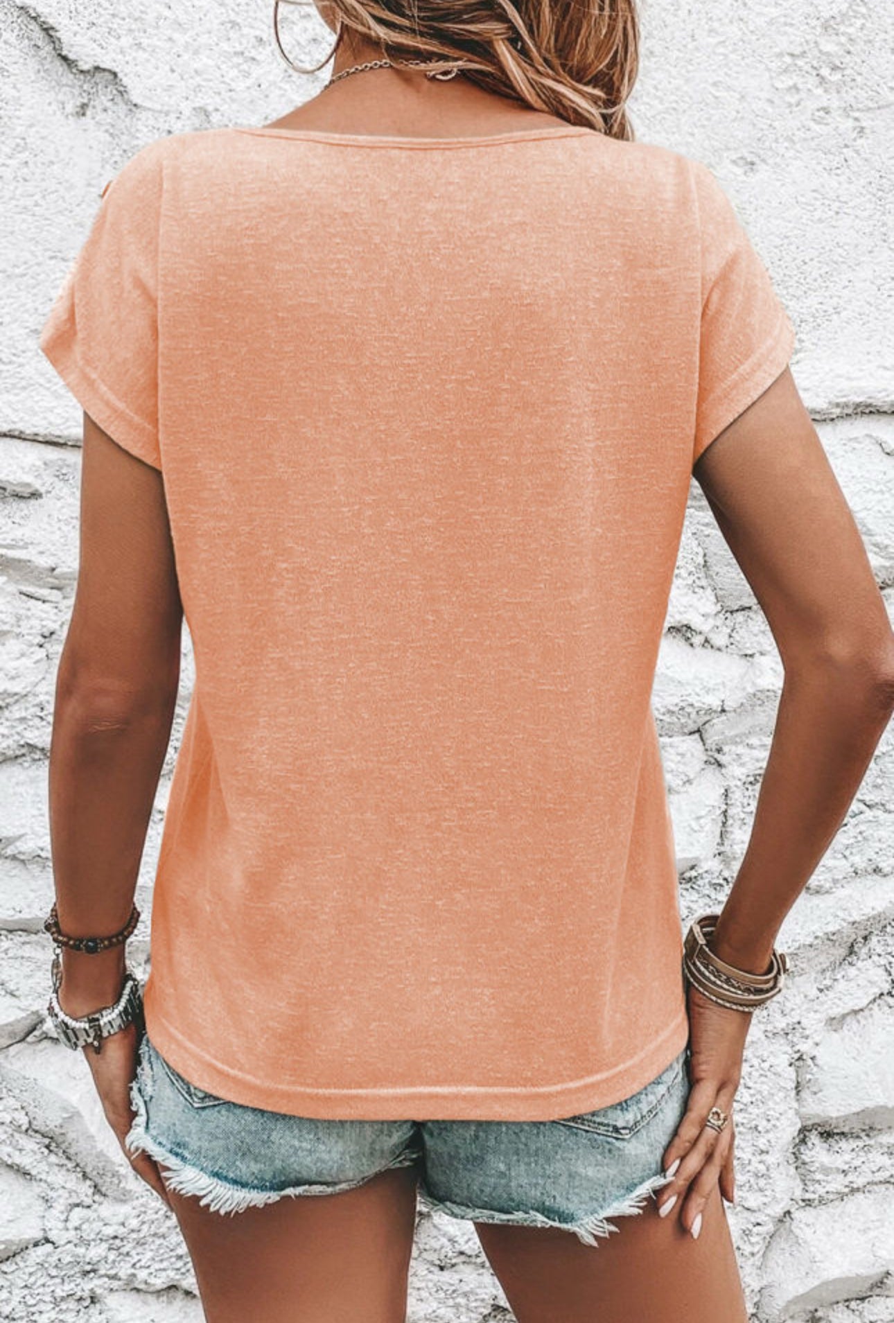 Short Sleeve Tee with Button Detail-Apricot