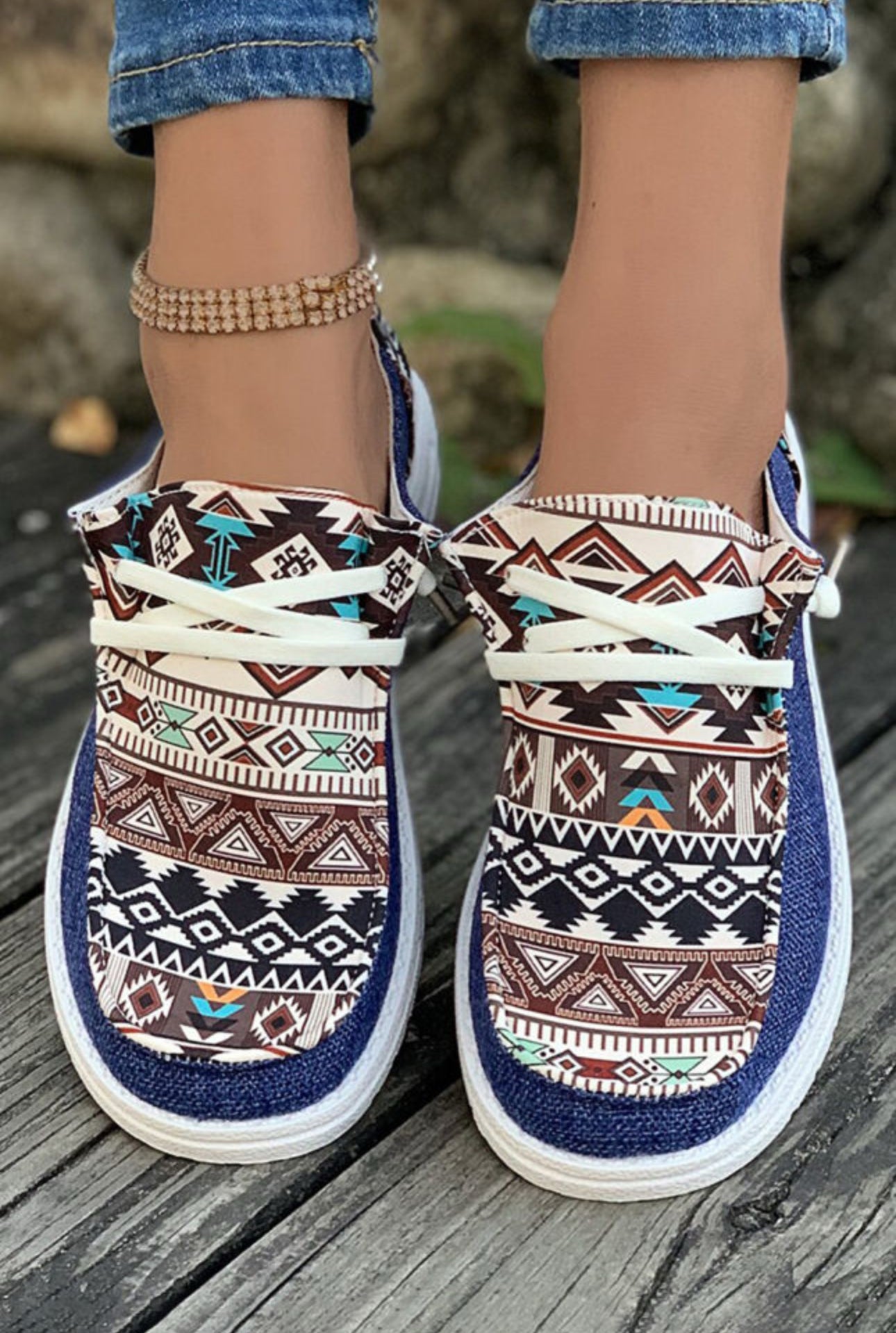 Blue Aztec Print Casual Flat Shoes