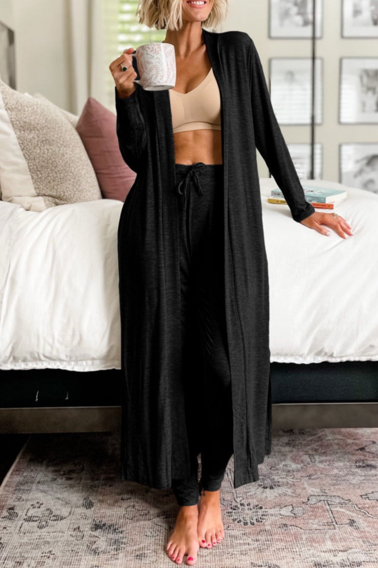 Black Split Long Cardigan and Pants Lounge Set