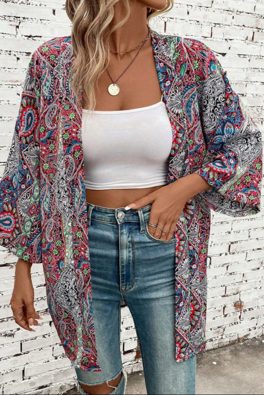 Red Paisley Open Front Kimono/ one size