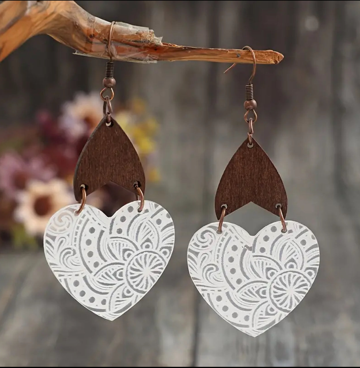 Boho Chic Lightweight Heart Wood/ Acrylic Earrings