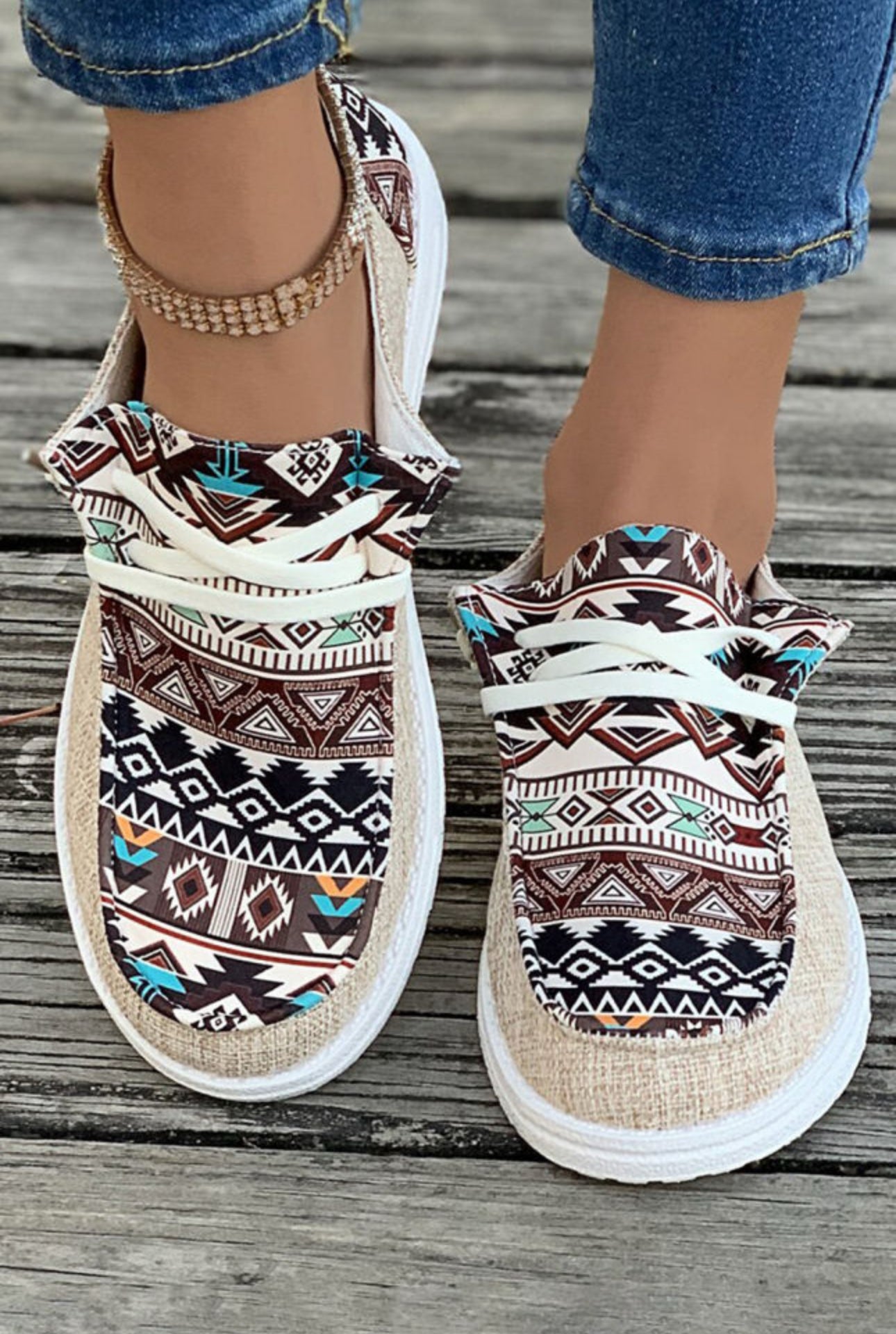 Tan Aztec Print Casual Flat Shoes