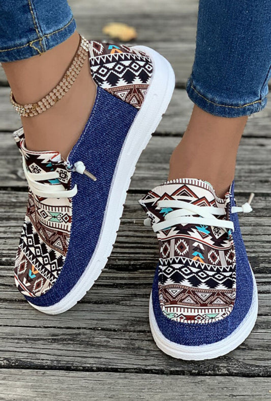 Blue Aztec Print Casual Flat Shoes