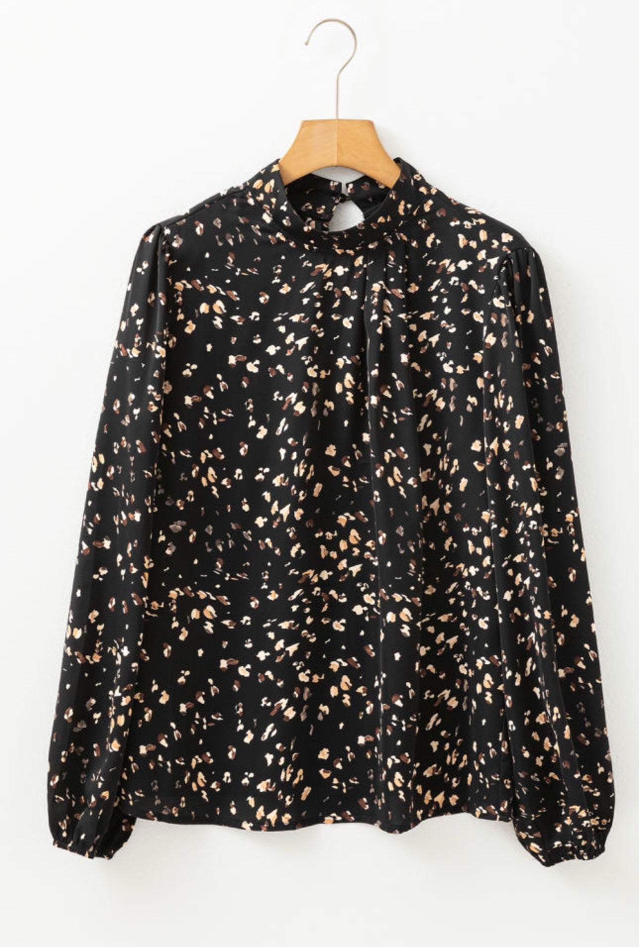 Black Leopard Print Lantern Sleeve Mock Neck Blouse