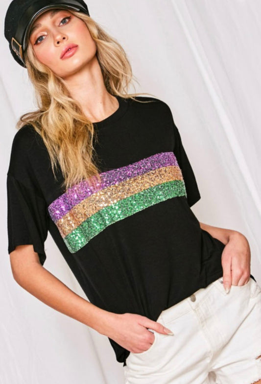 Black Sequin Stripe T-Shirt