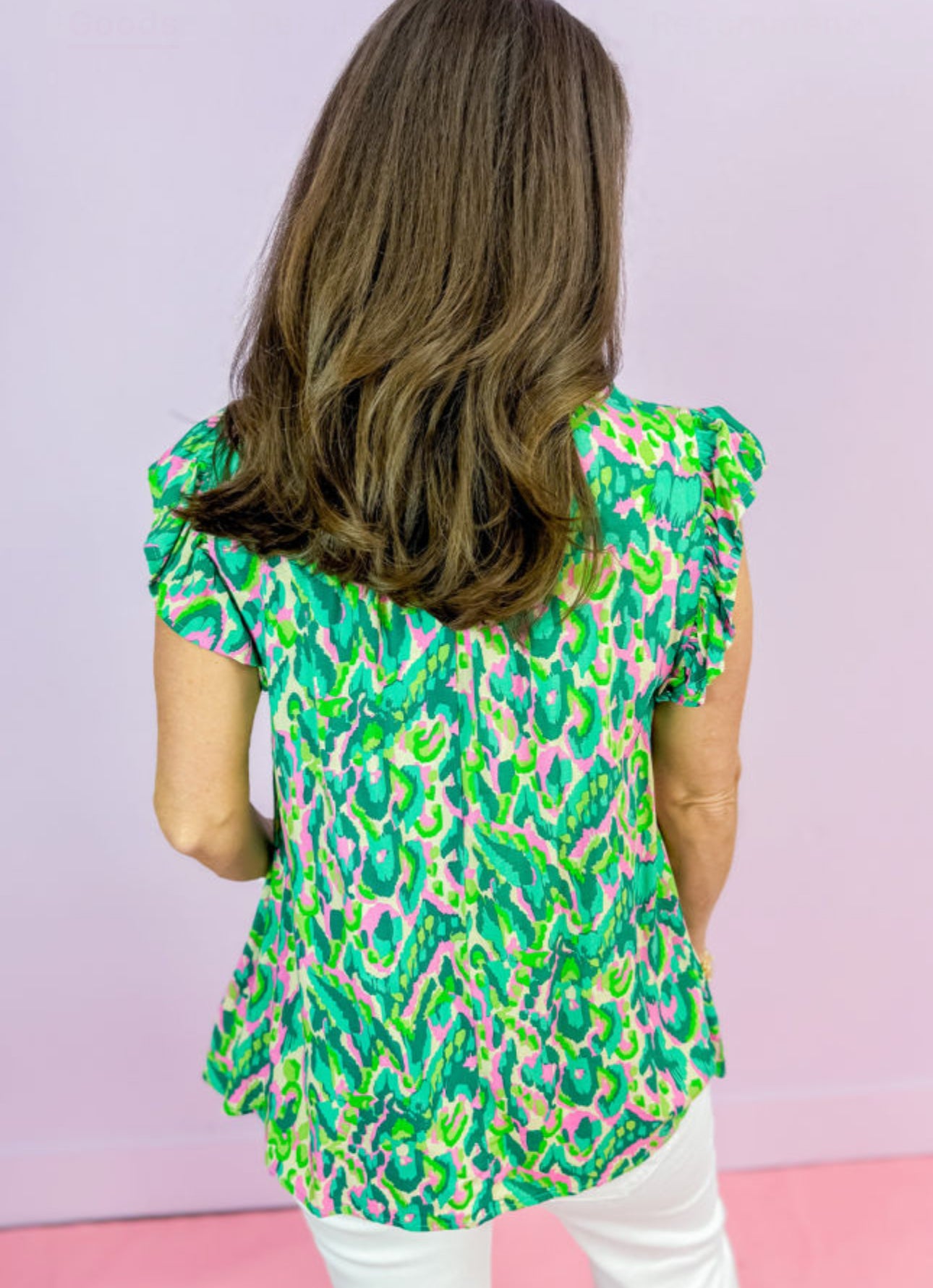 Green/ Pink Abstract Print Ruffled Trim Tank Too