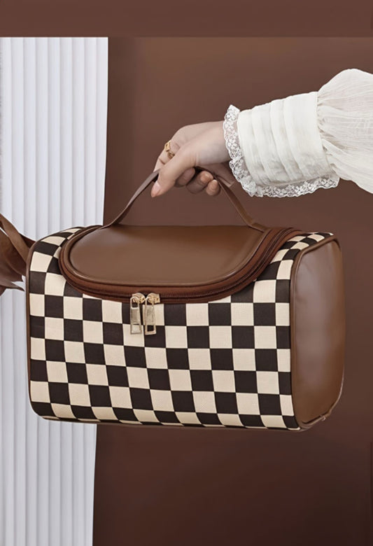 Brown Checkered Make Up Travel Case