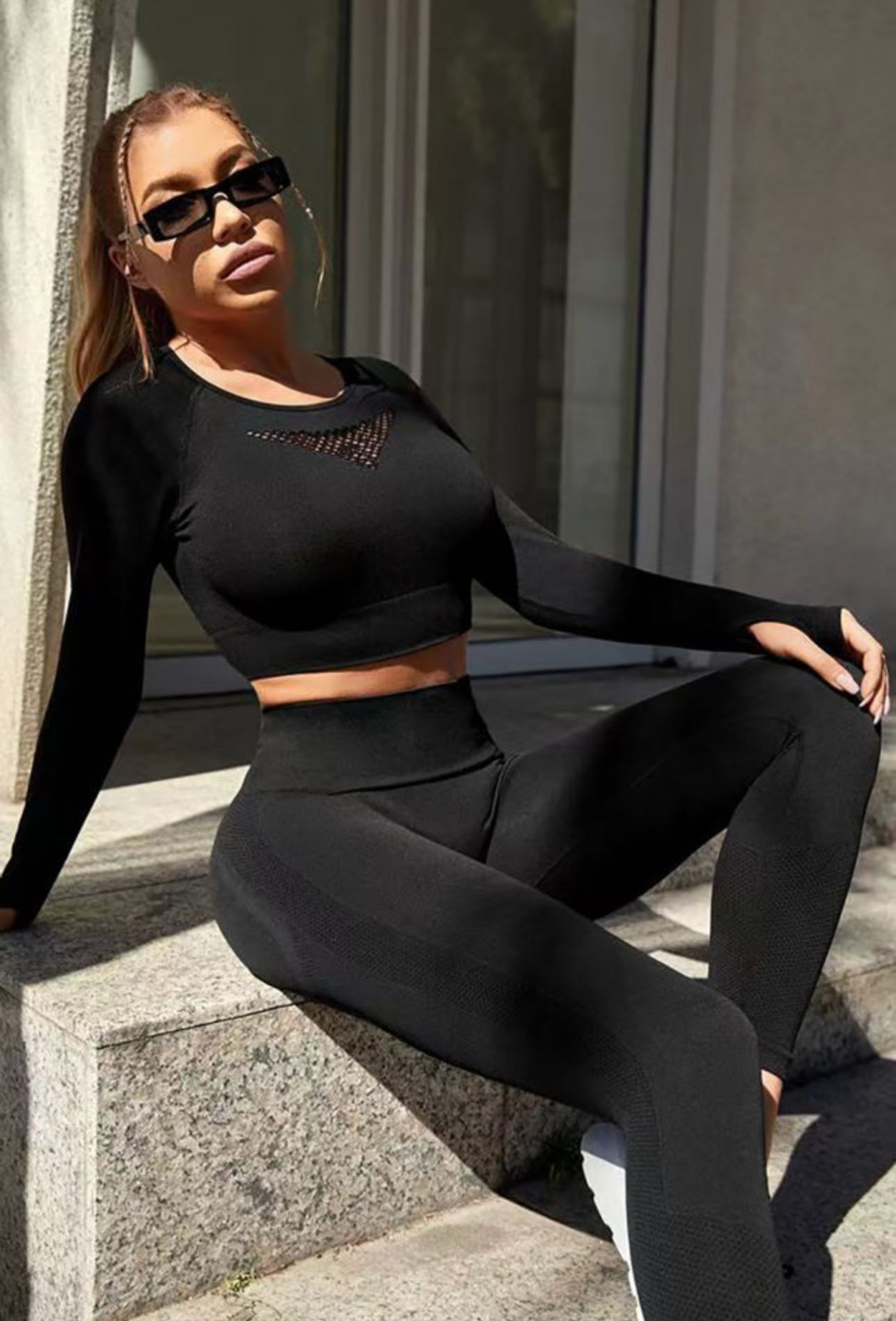 Black Long Sleeve Crop Top and Leggings Work Out Set