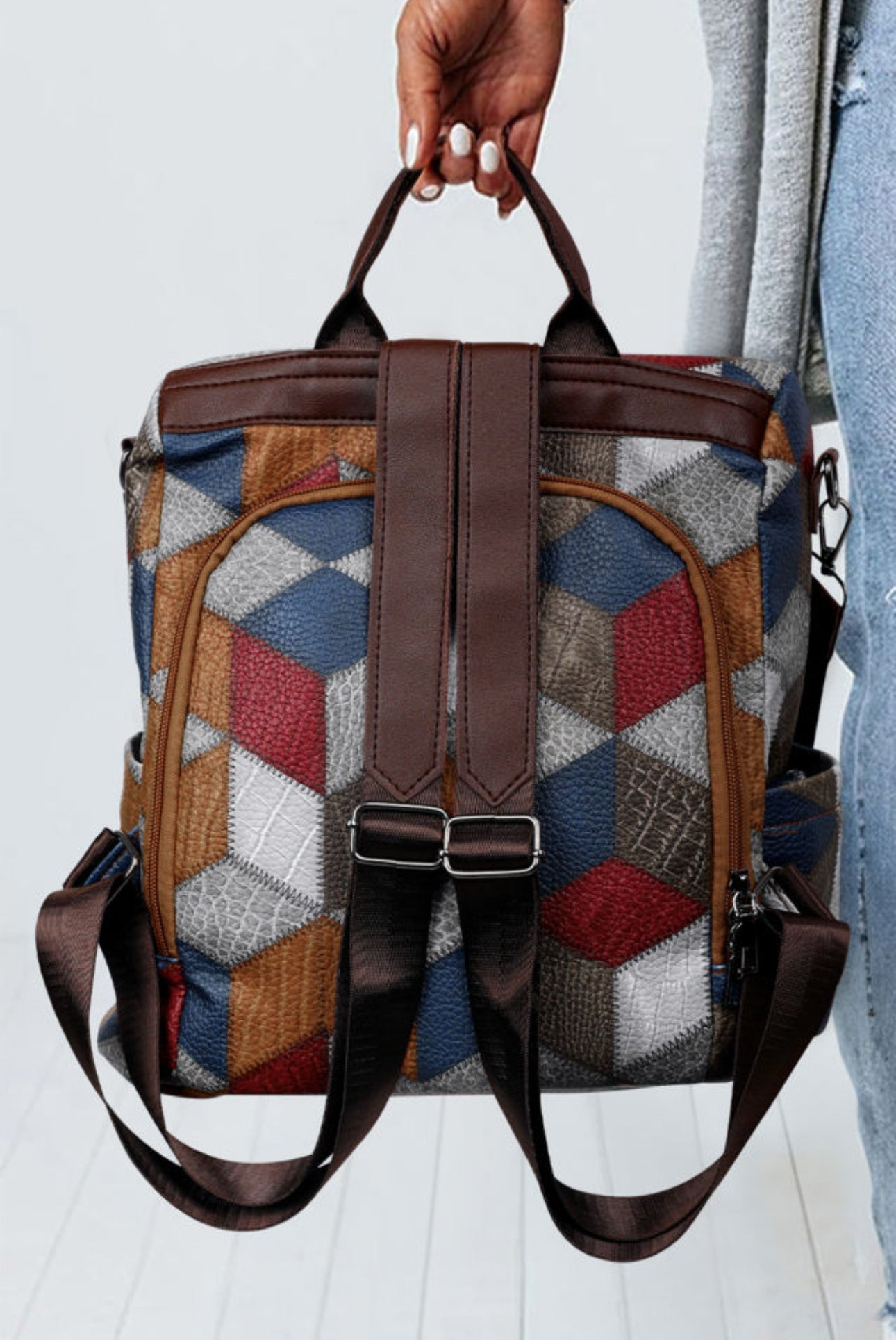 Color Block PU Leather Backpack Purse