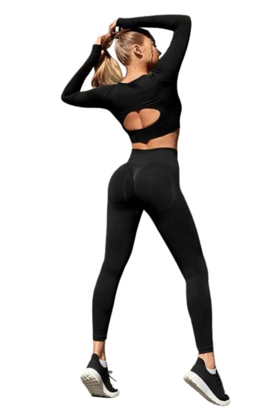 Black Long Sleeve Crop Top and Leggings Work Out Set