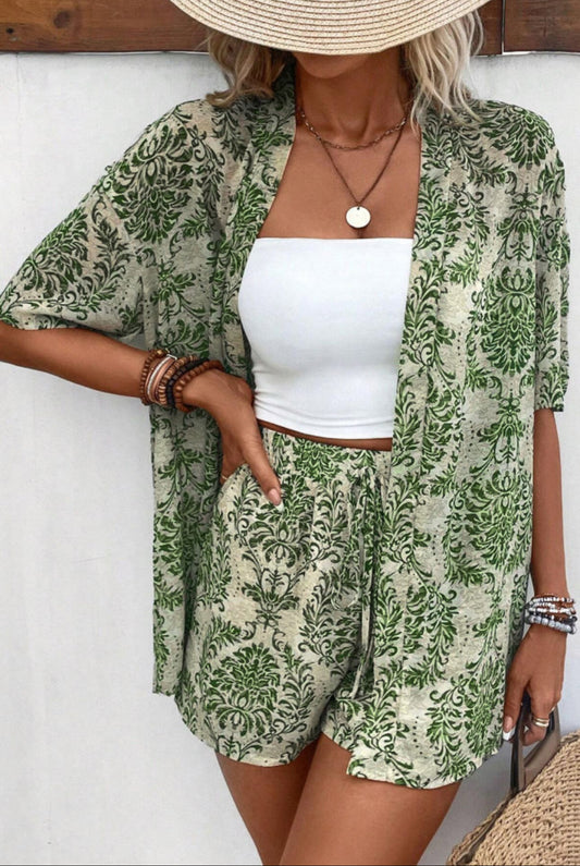 Green Vintage Floral Open Front Too and Shorts Set