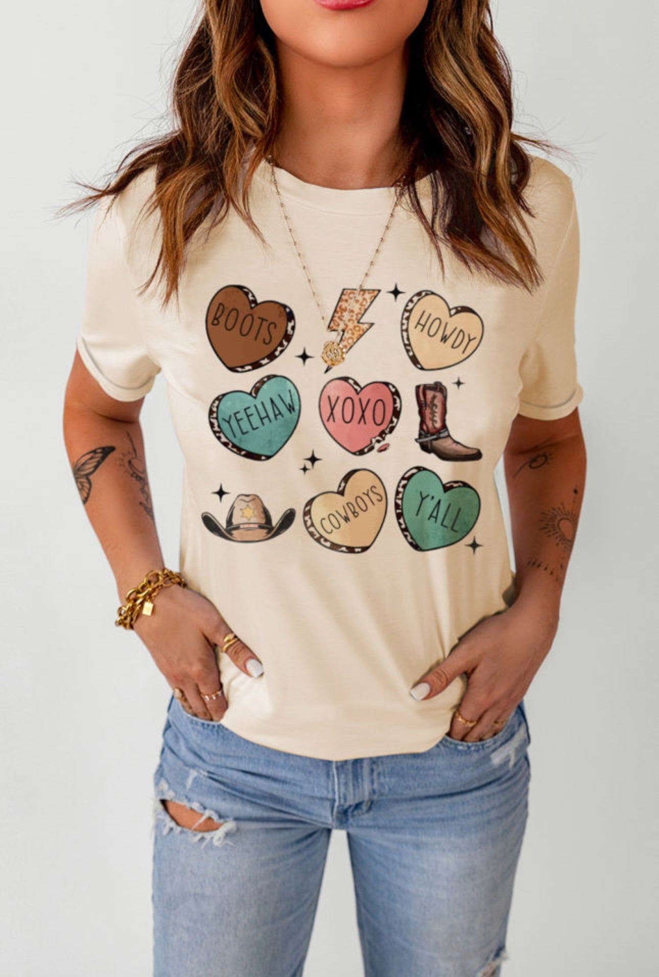 Cowboy and Hearts T Shirt/ beige