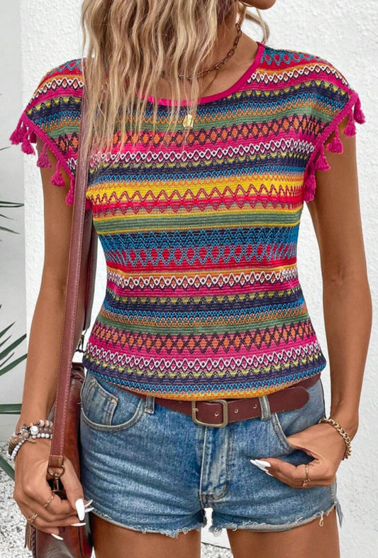 Knitted Multicolor Tassel Sleeve Top