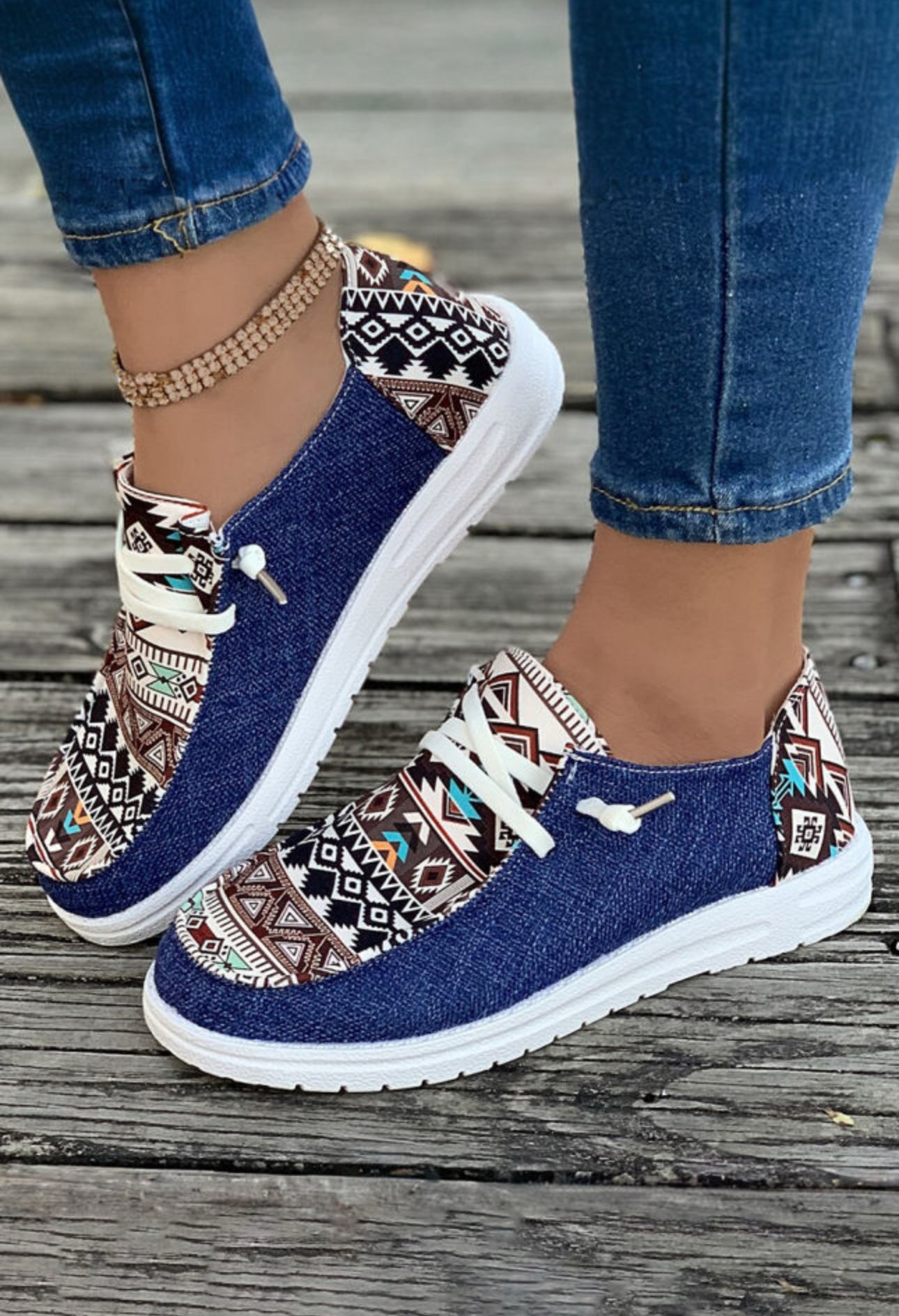 Blue Aztec Print Casual Flat Shoes