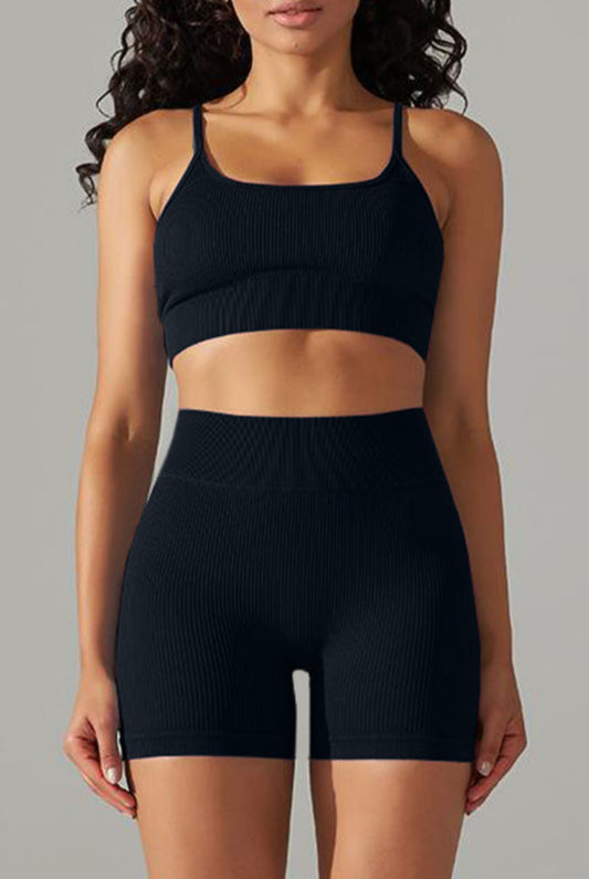 Black Ribbed Work Out Shorts and Top Set