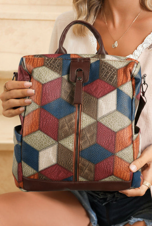 Color Block PU Leather Backpack Purse