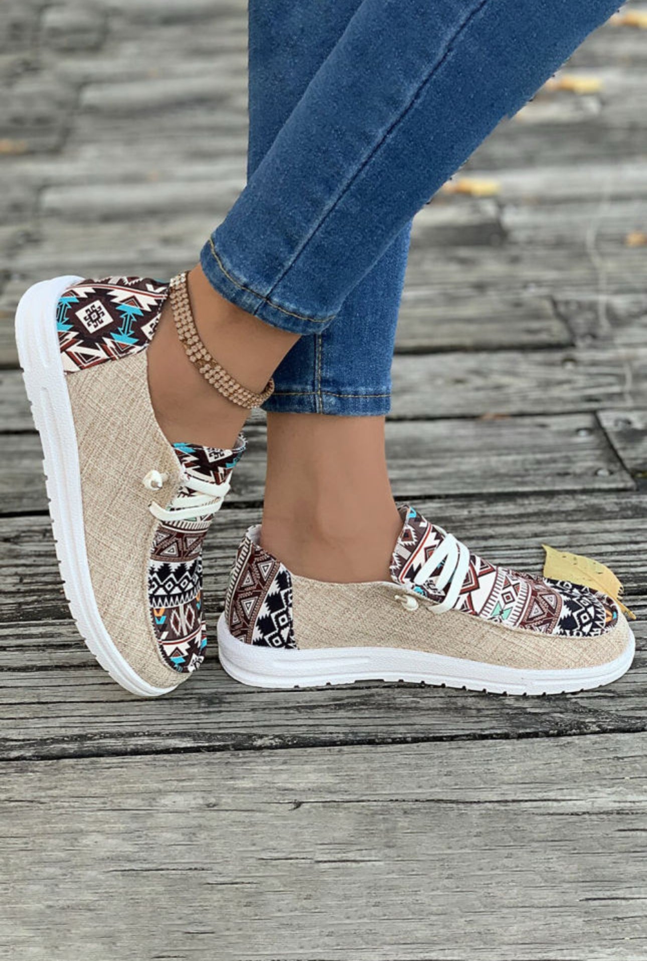 Tan Aztec Print Casual Flat Shoes