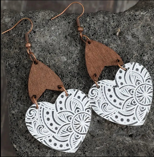 Boho Chic Lightweight Heart Wood/ Acrylic Earrings