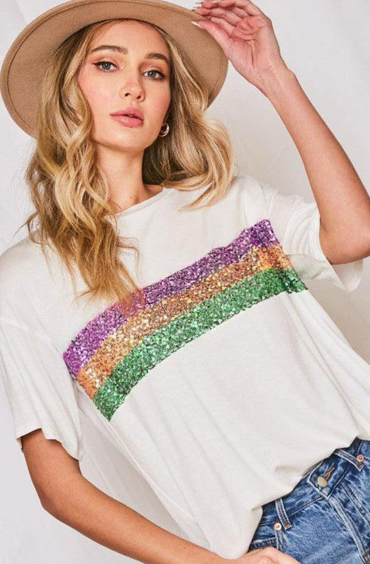 White Sequin Stripe T-Shirt