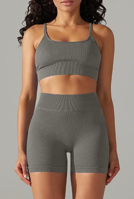 Grey Ribbed Work Out Shorts and Top Set