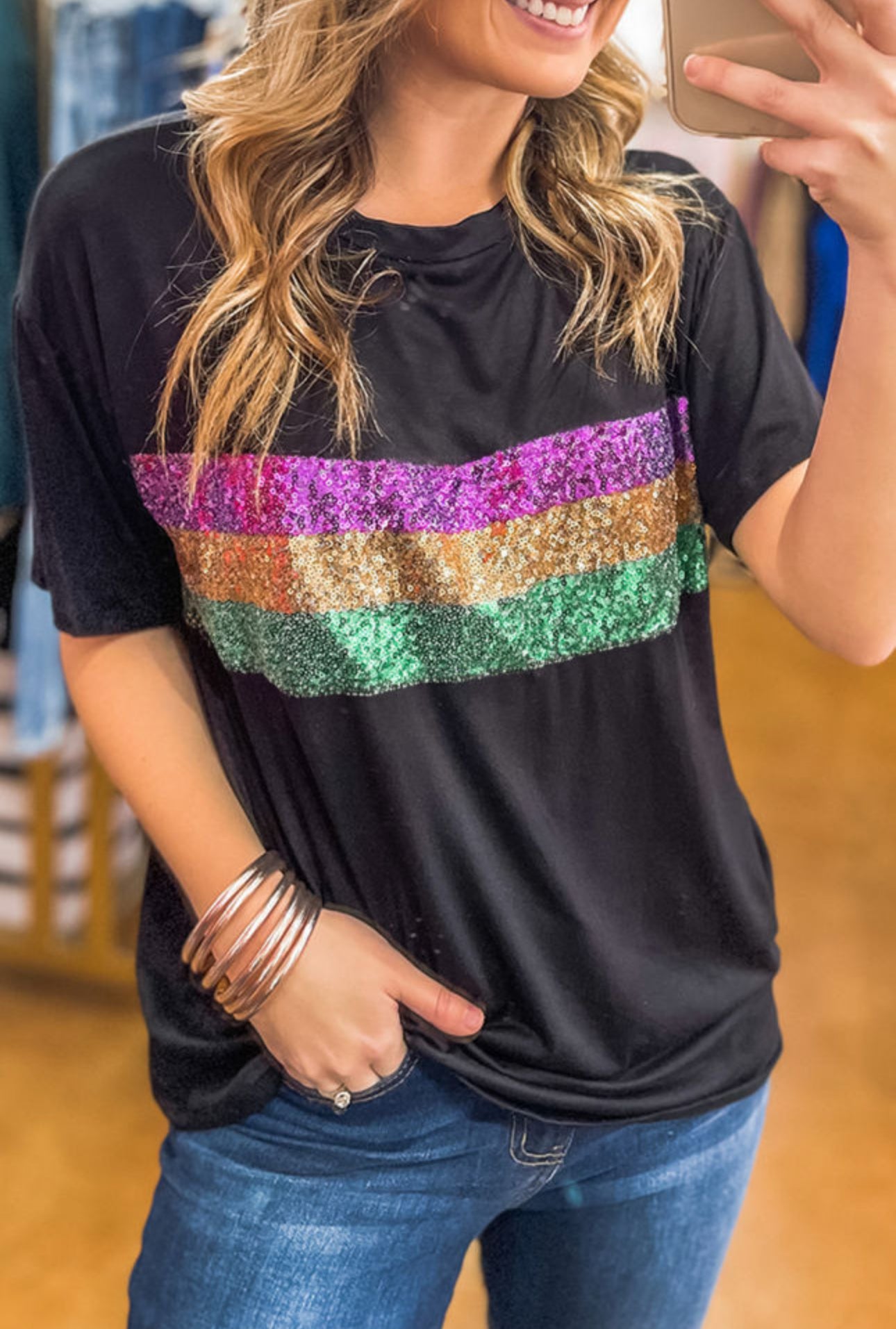 Black Sequin Stripe T-Shirt