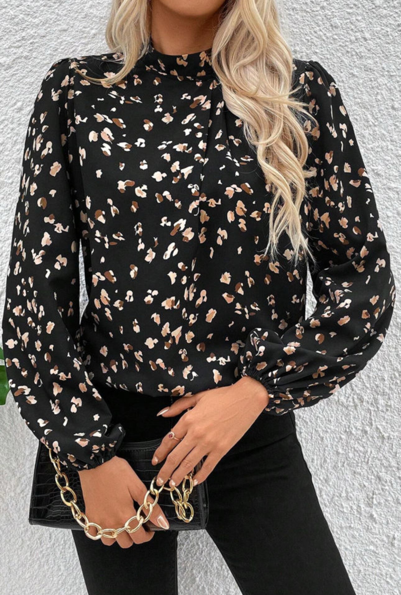 Black Leopard Print Lantern Sleeve Mock Neck Blouse