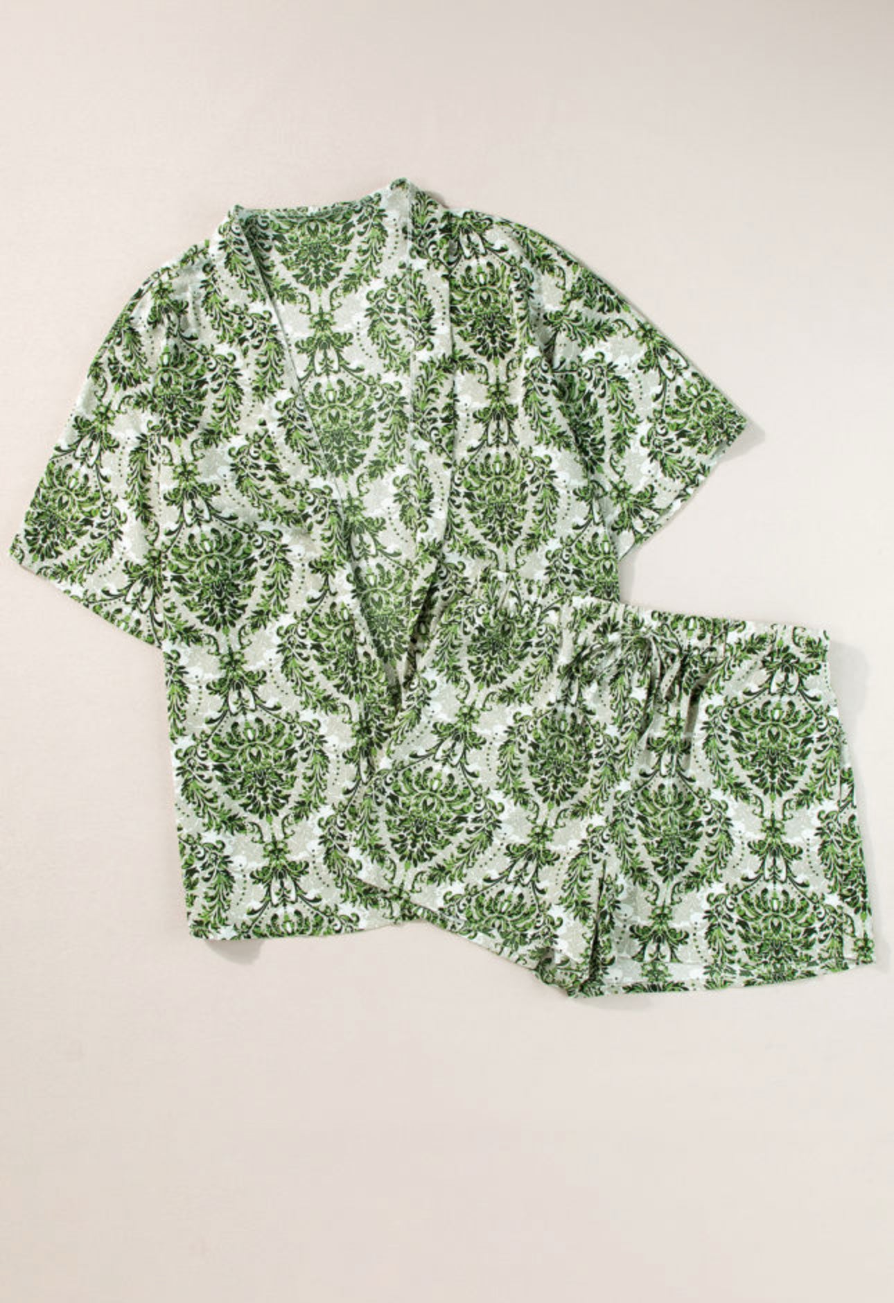 Green Vintage Floral Open Front Too and Shorts Set