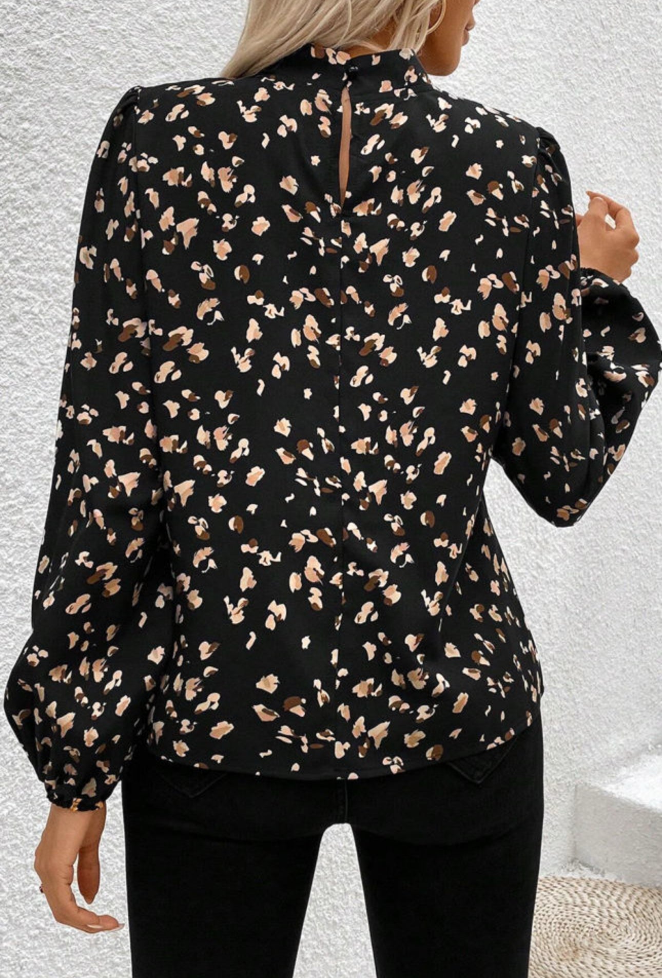 Black Leopard Print Lantern Sleeve Mock Neck Blouse