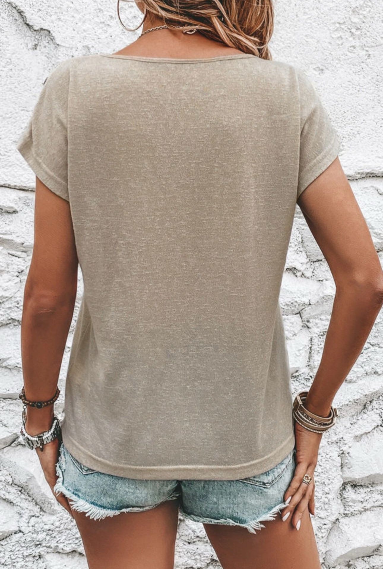 Short Sleeve Tee with Button Detail- Smoke Grey